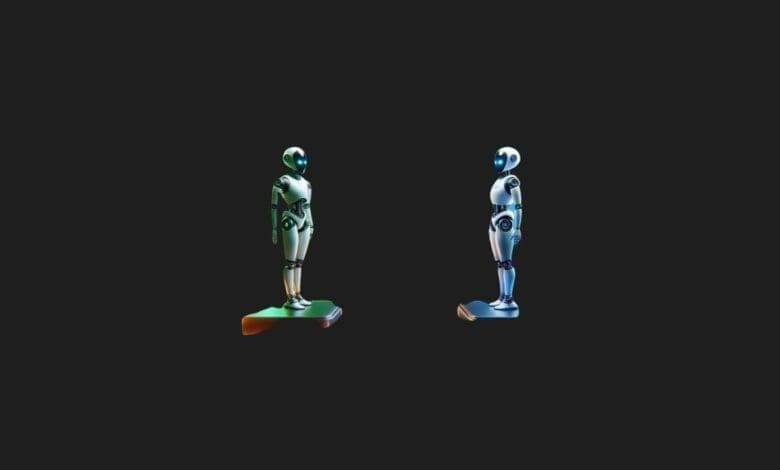 two robots standing on a black background